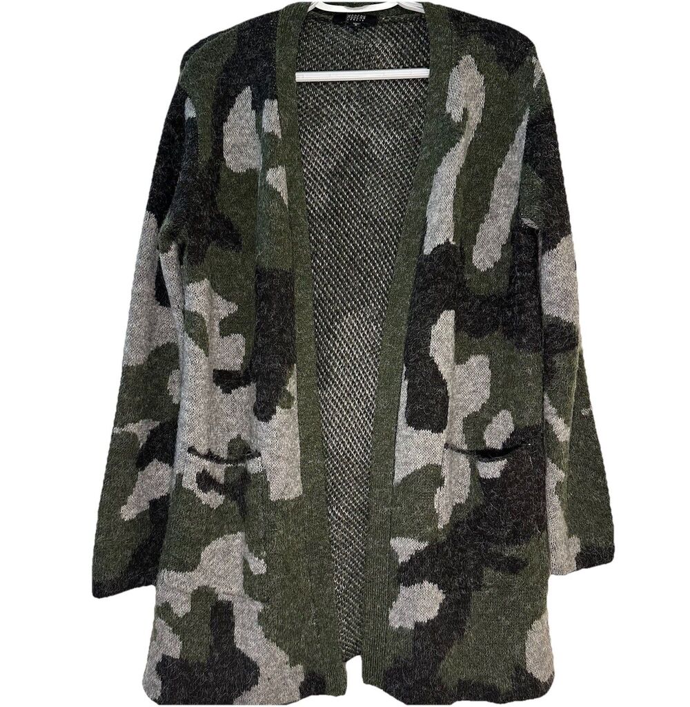 Modern Canvas Camo Cardigan Sweater Women’s S Olive Green Open Front Pockets